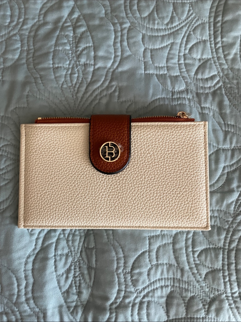 Brahmin Cream Pebbled Continental Wallet with Brown Tab
